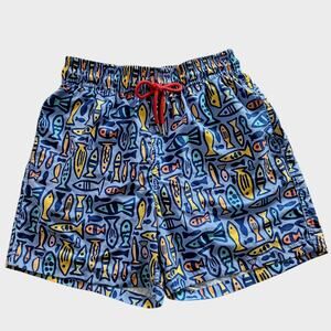 Men's Red Flag Multicolor Fishes Swim Trunks Blue Small